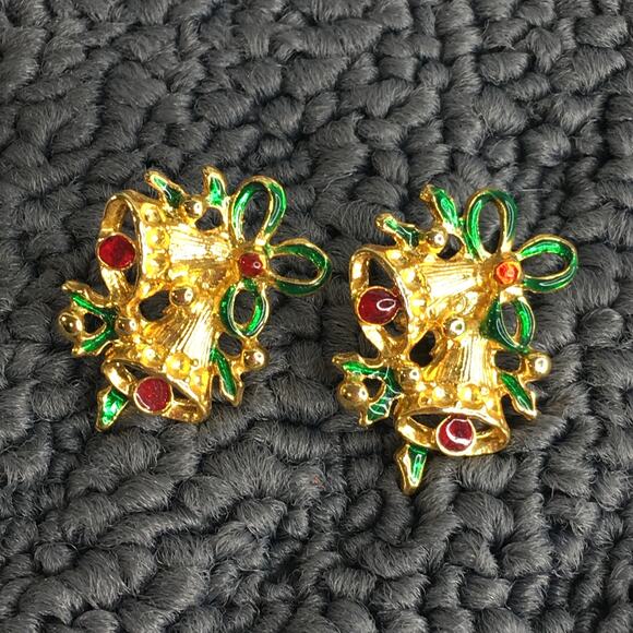 Vintage Christmas Bell Pierced Earrings Gold Tone w/‎ Green & Red - Picture 3 of 13